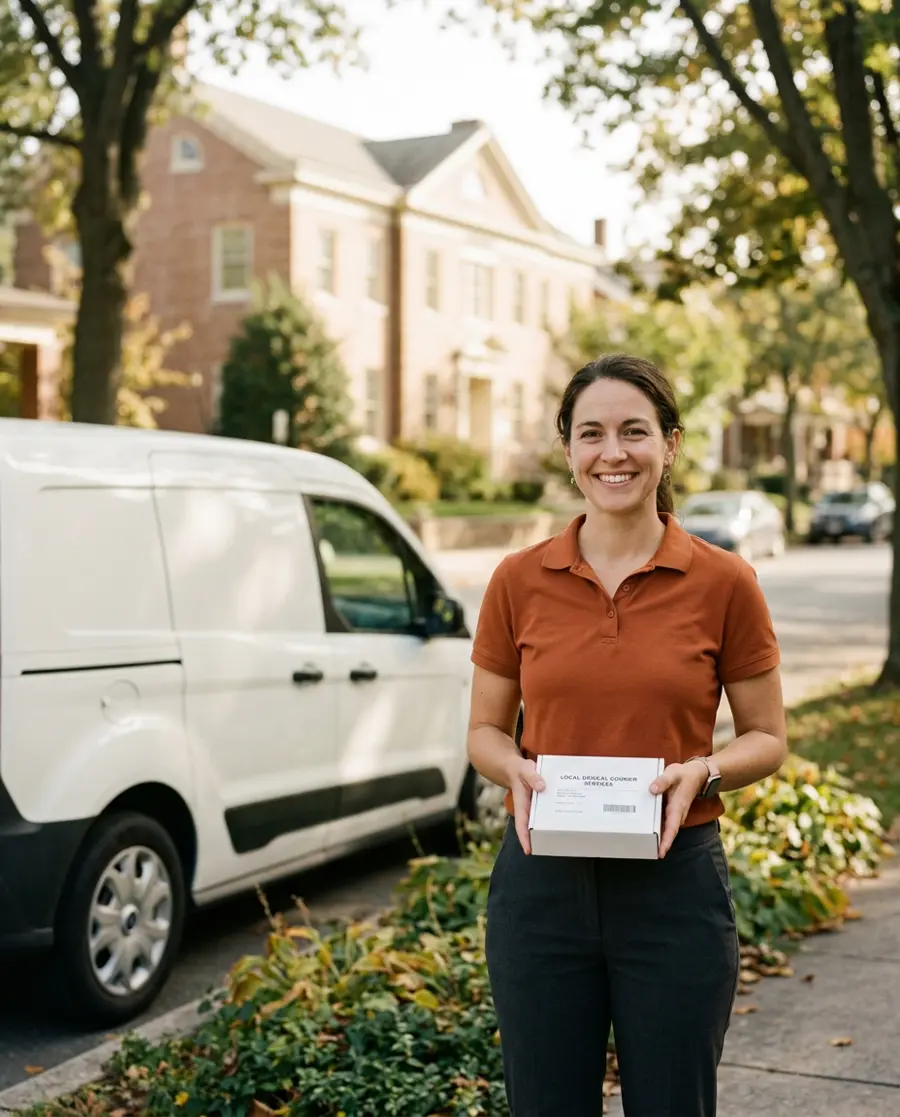Illustrative image of a smiling courier with a sealed parcel beside a delivery van